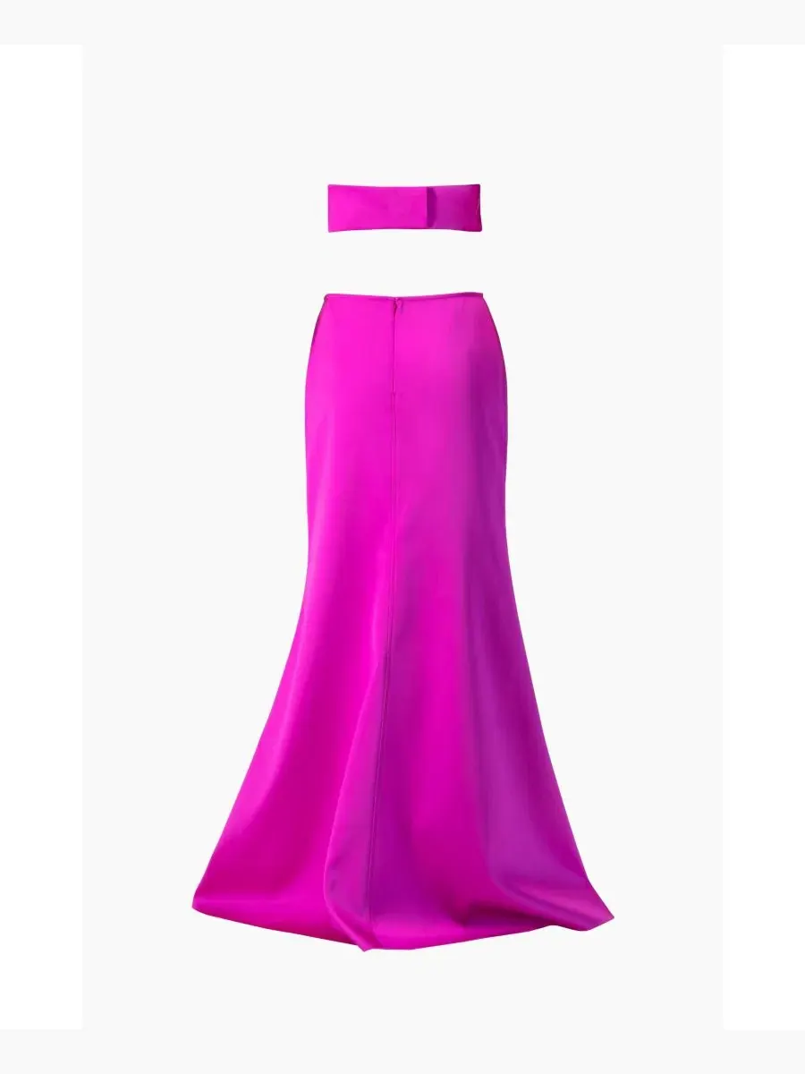 Вечернее платье без бретелек с бантом и вырезом, модель Bow-Front Crop-Top Gown Ivonne — изображение 6 из 6, маджента