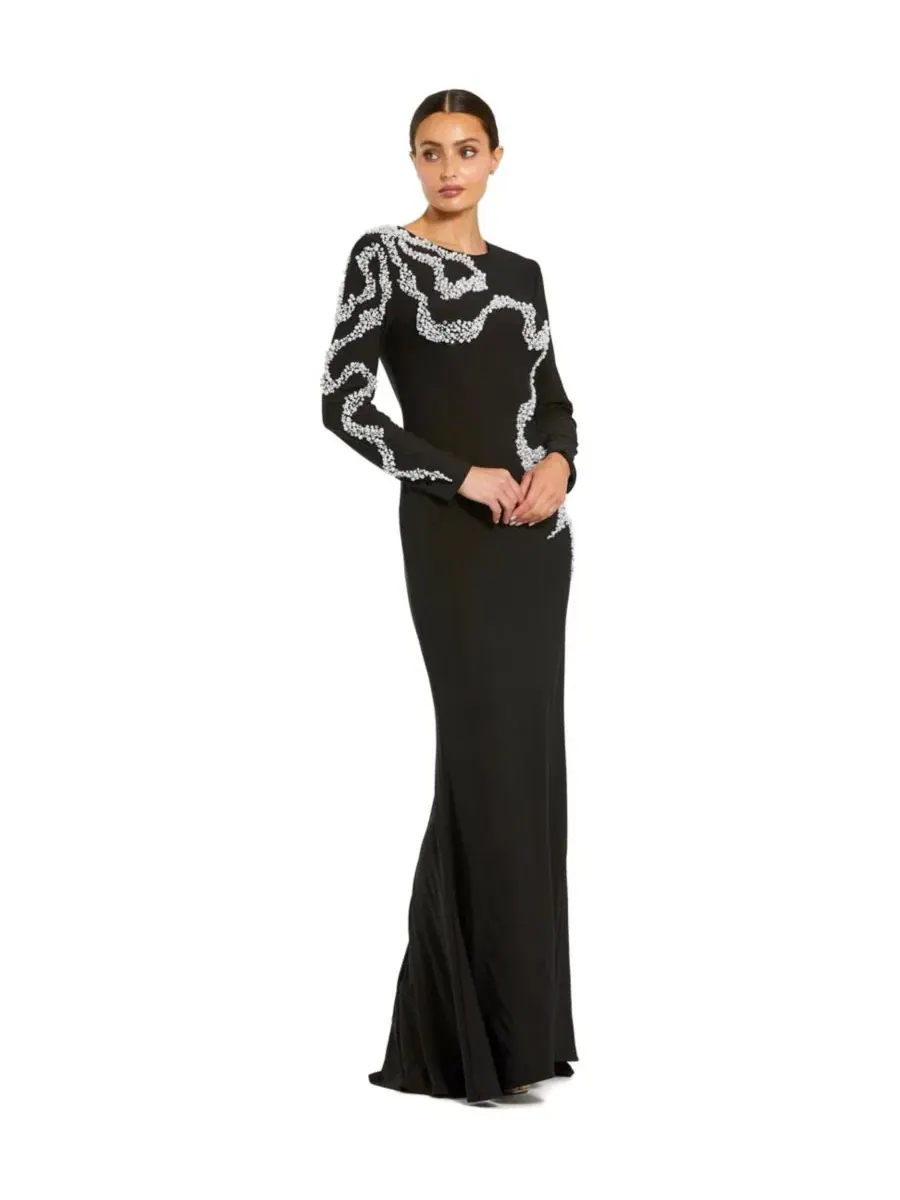 Платье вечернее длинное с бисером Petite Jersey Long Sleeve Beaded Column Gown Mac Duggal