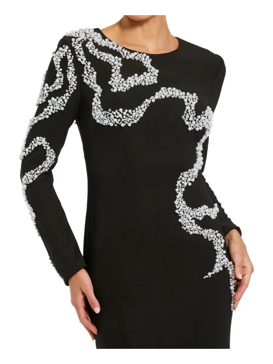 Платье вечернее длинное с бисером Petite Jersey Long Sleeve Beaded Column Gown Mac Duggal — изображение 3 из 3, черный