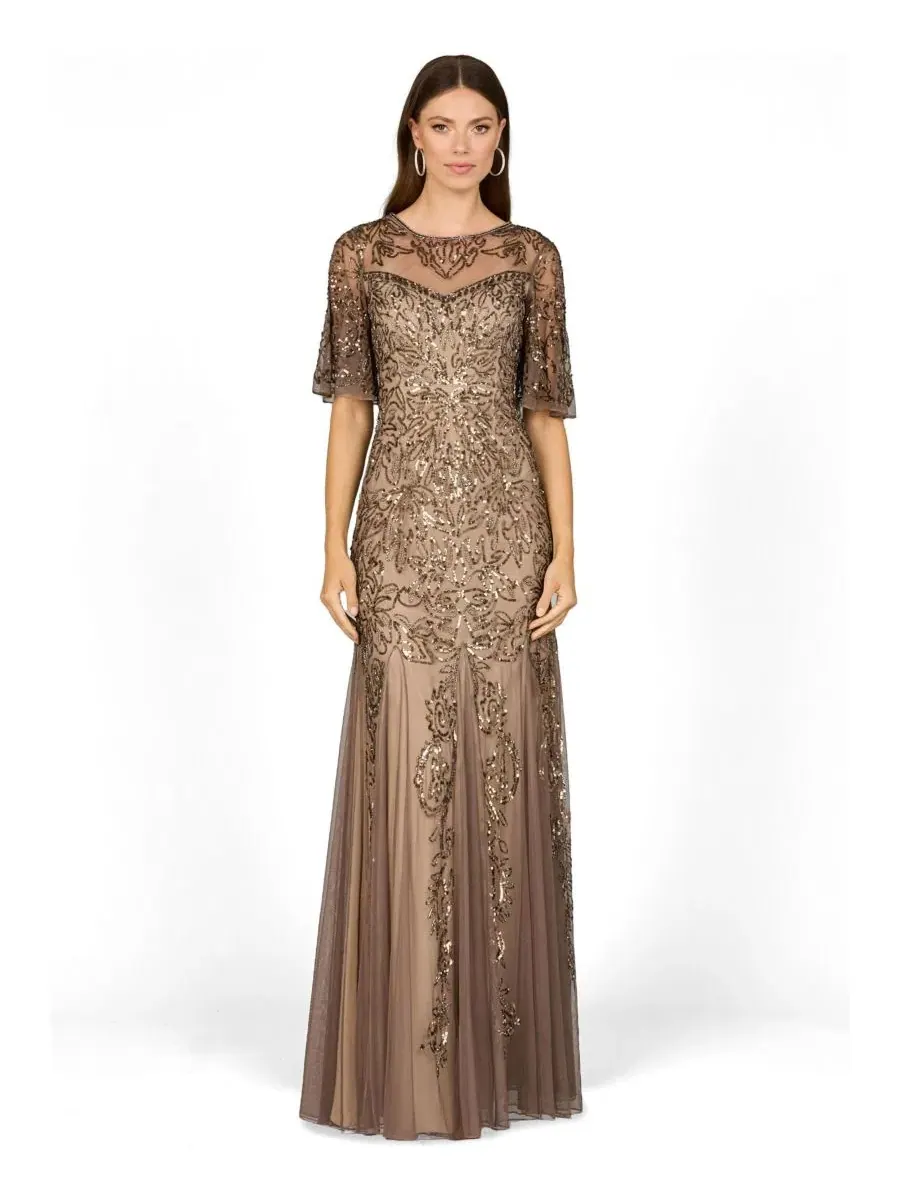 Вечернее платье-футляр с бисером, с коротким рукавом, Sheath Beaded Gown Lara