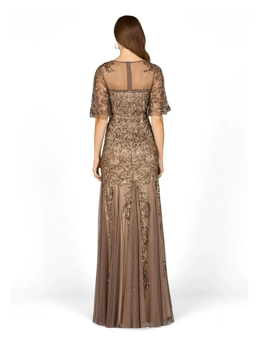 Вечернее платье-футляр с бисером, с коротким рукавом, Sheath Beaded Gown Lara — изображение 2 из 3, золотистый