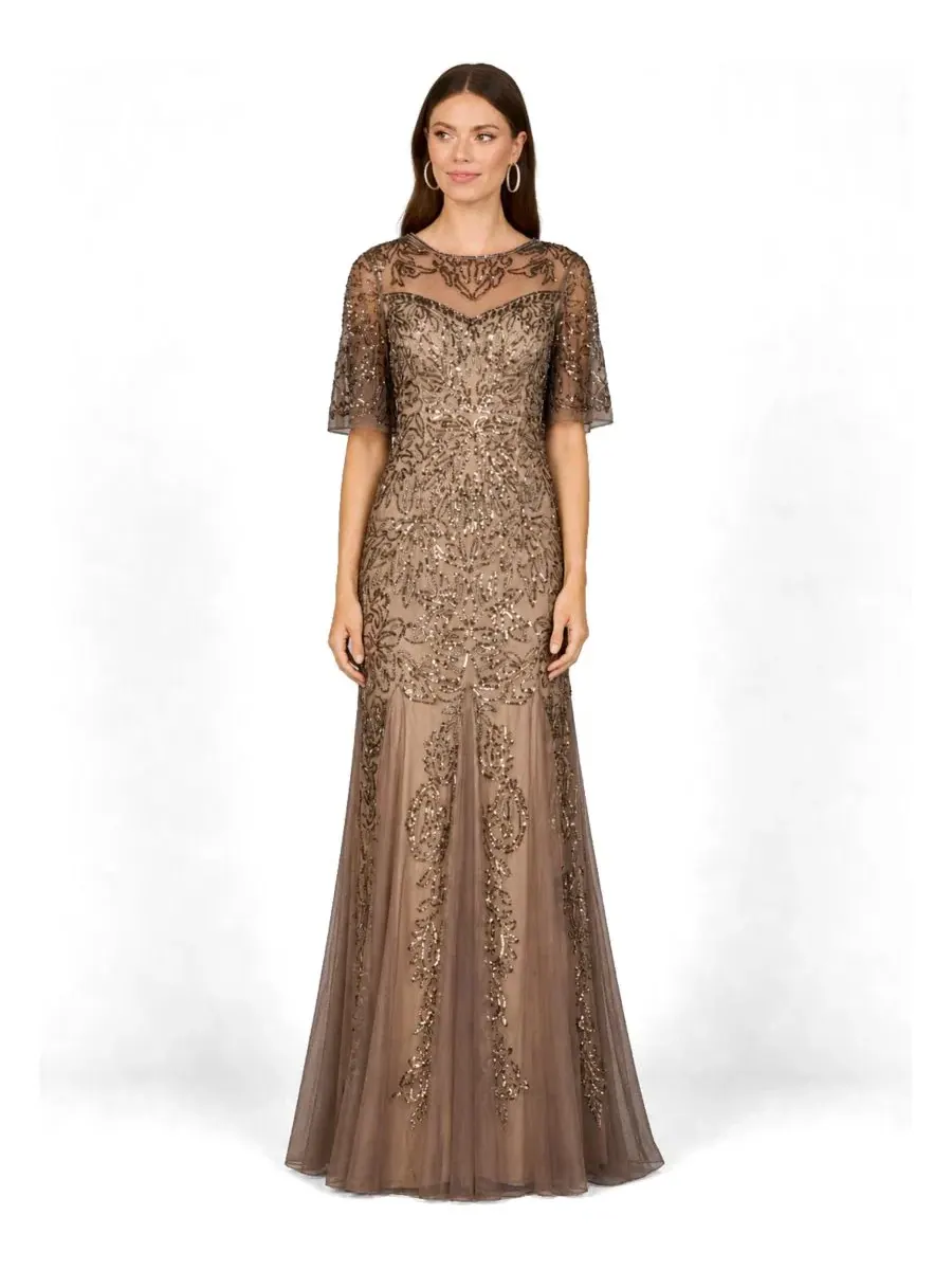 Вечернее платье-футляр с бисером, с коротким рукавом, Sheath Beaded Gown Lara — изображение 3 из 3, золотистый