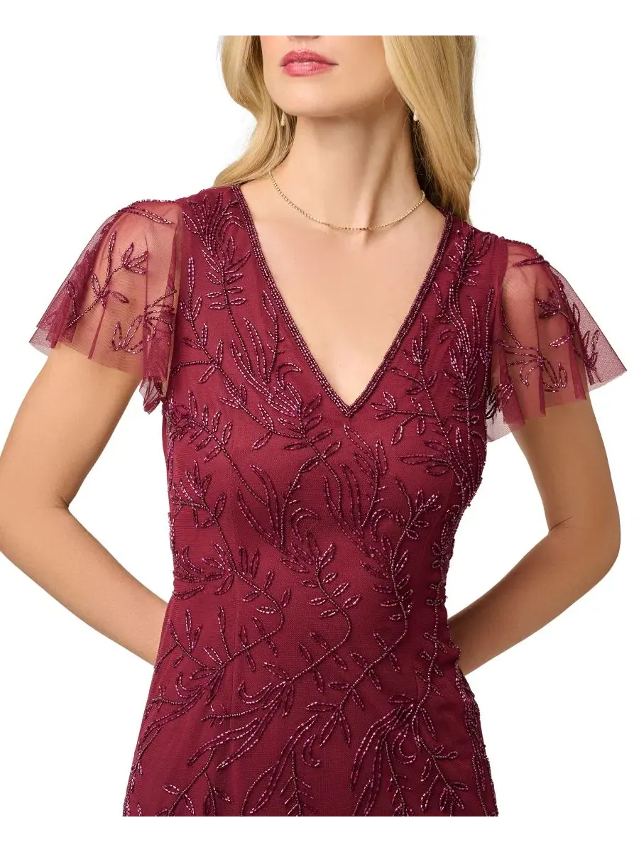 Платье вечернее с бисером, модель Bead Mesh Long Adrianna Papell — изображение 3 из 6, махагони