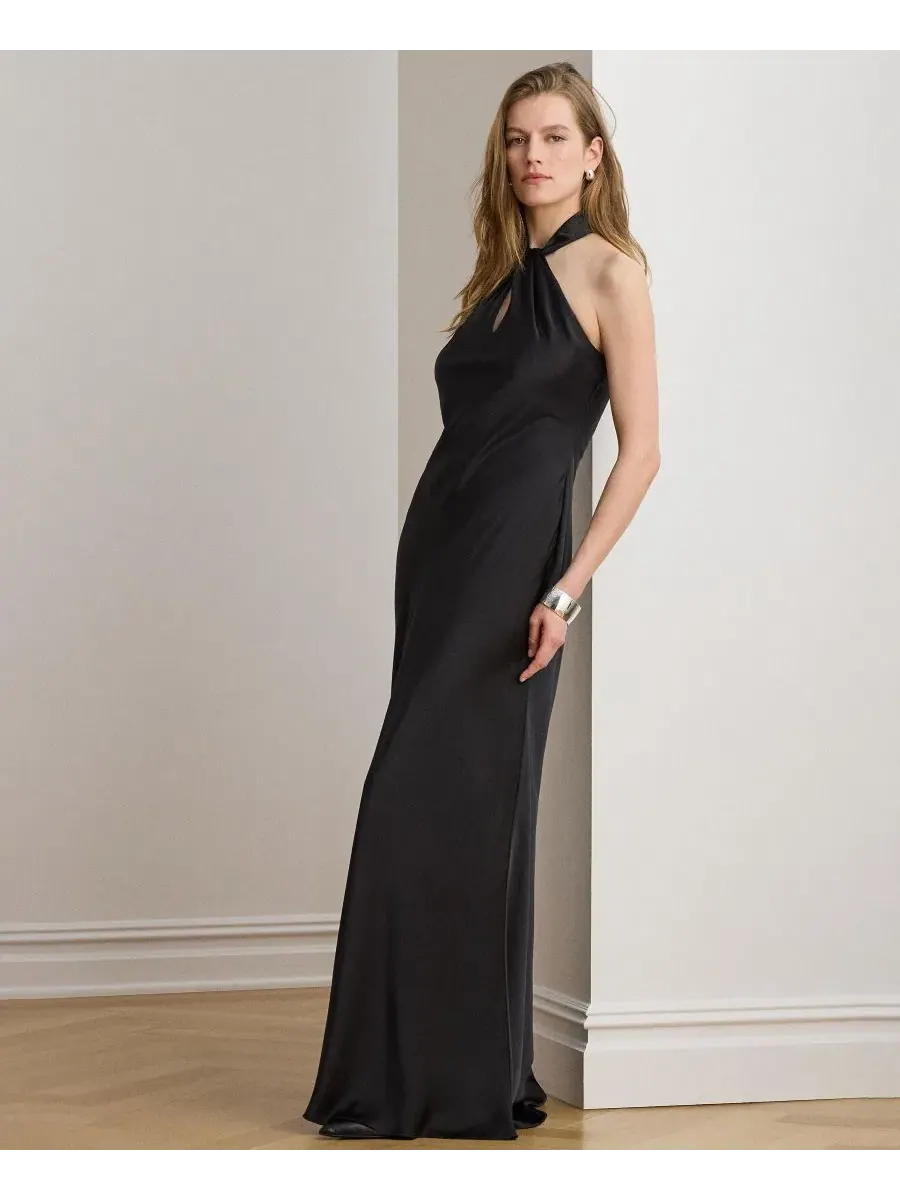 Вечернее платье в пол с открытой спиной Twisted Halter Satin Charmeuse Gown Lauren Ralph Lauren