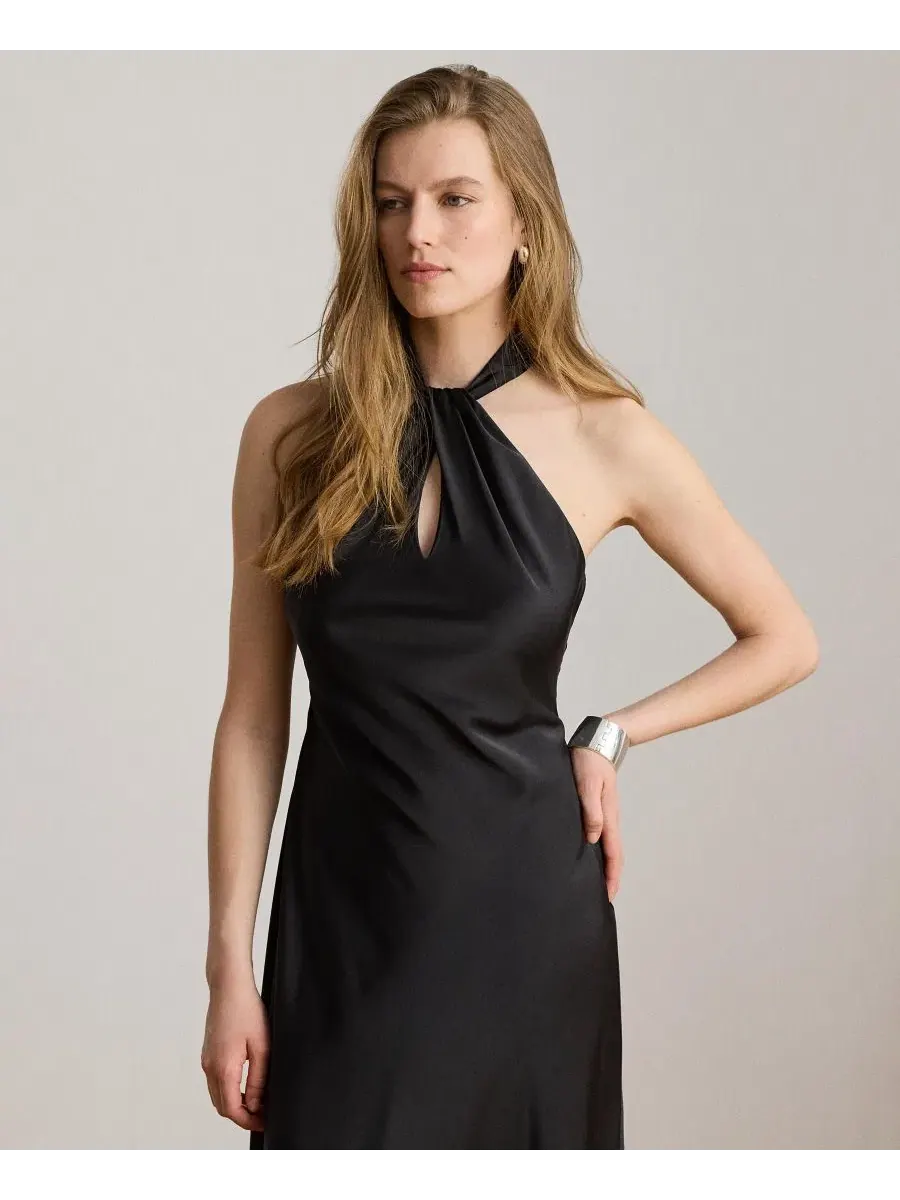 Вечернее платье в пол с открытой спиной Twisted Halter Satin Charmeuse Gown Lauren Ralph Lauren — изображение 2 из 6, черный