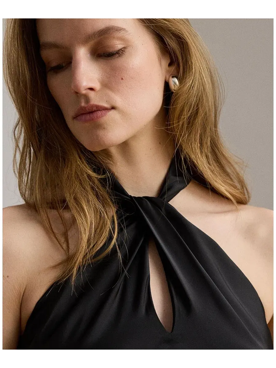 Вечернее платье в пол с открытой спиной Twisted Halter Satin Charmeuse Gown Lauren Ralph Lauren — изображение 3 из 6, черный