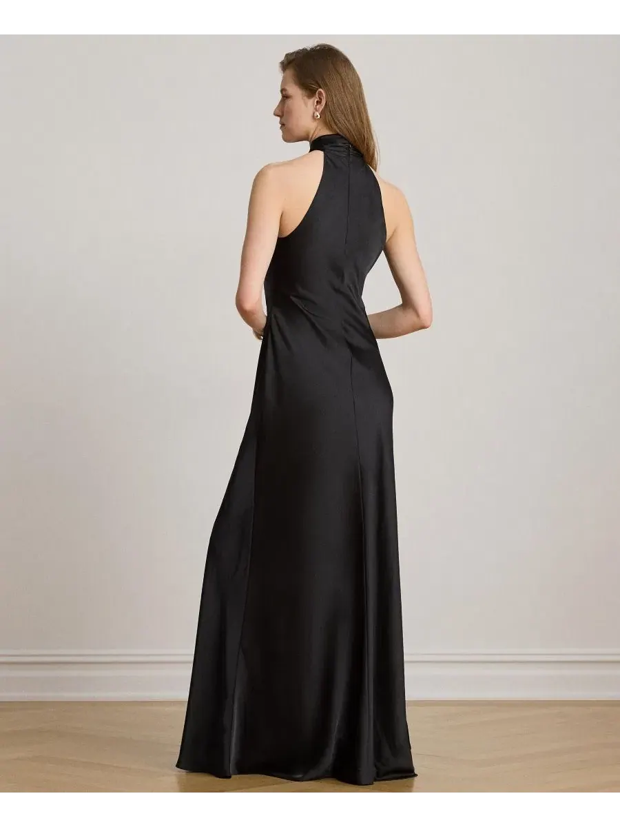 Вечернее платье в пол с открытой спиной Twisted Halter Satin Charmeuse Gown Lauren Ralph Lauren — изображение 4 из 6, черный