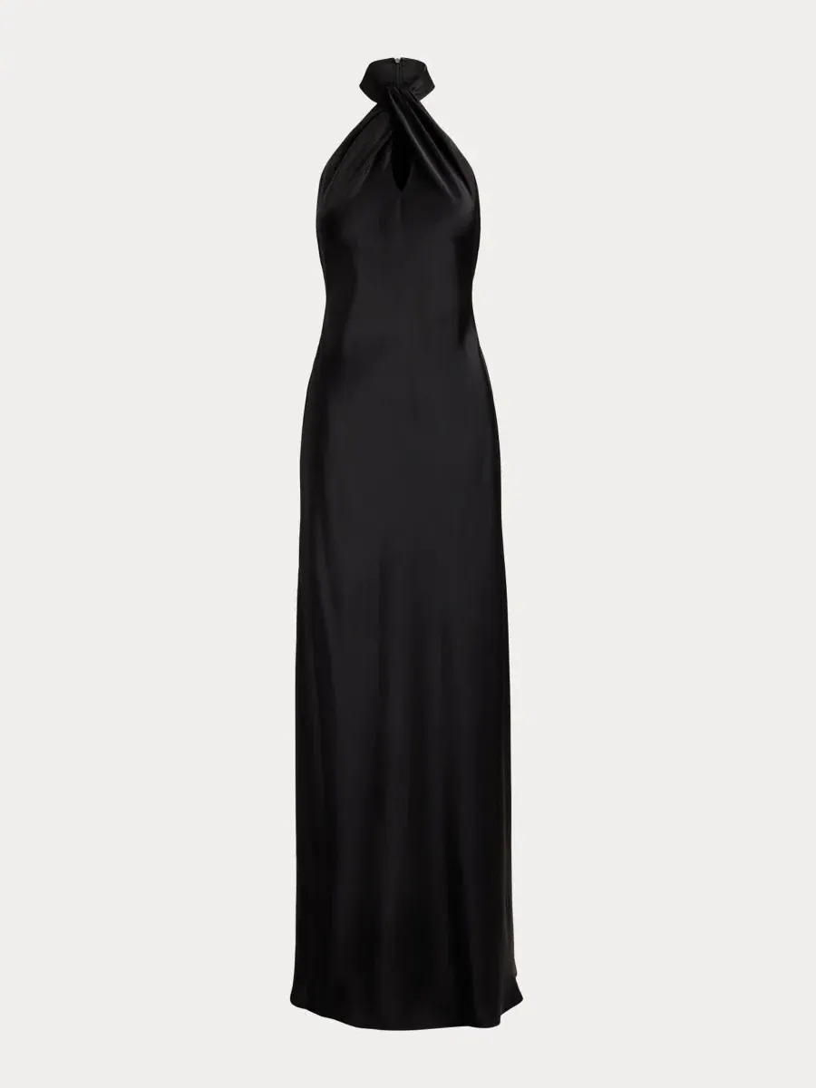 Вечернее платье в пол с открытой спиной Twisted Halter Satin Charmeuse Gown Lauren Ralph Lauren — изображение 5 из 6, черный