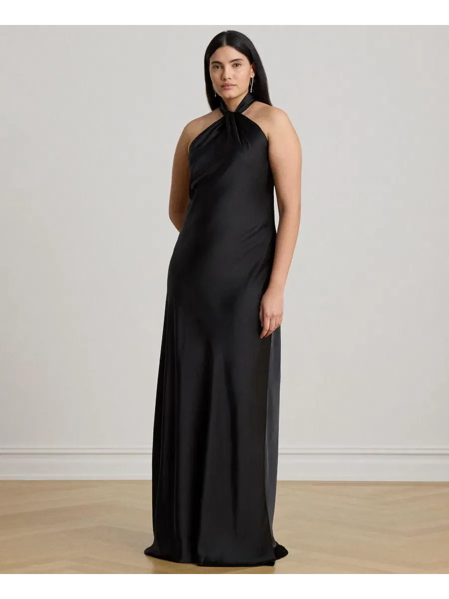 Вечернее платье в пол с открытой спиной Twisted Halter Satin Charmeuse Gown Lauren Ralph Lauren — изображение 6 из 6, черный