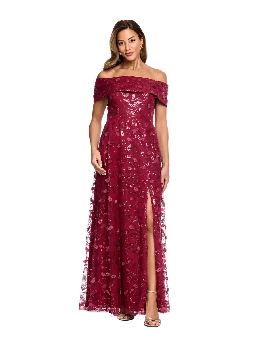 Вечернее платье-баллон с 3D вышивкой и открытыми плечами, Petite 3D Embellished Mesh