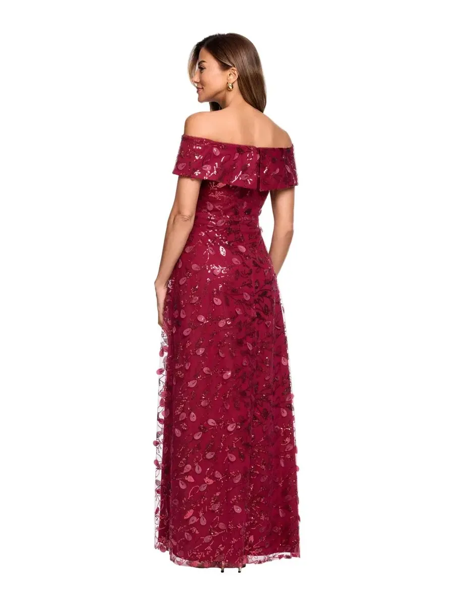 Вечернее платье-баллон с 3D вышивкой и открытыми плечами, Petite 3D Embellished Mesh — изображение 4 из 5, красный