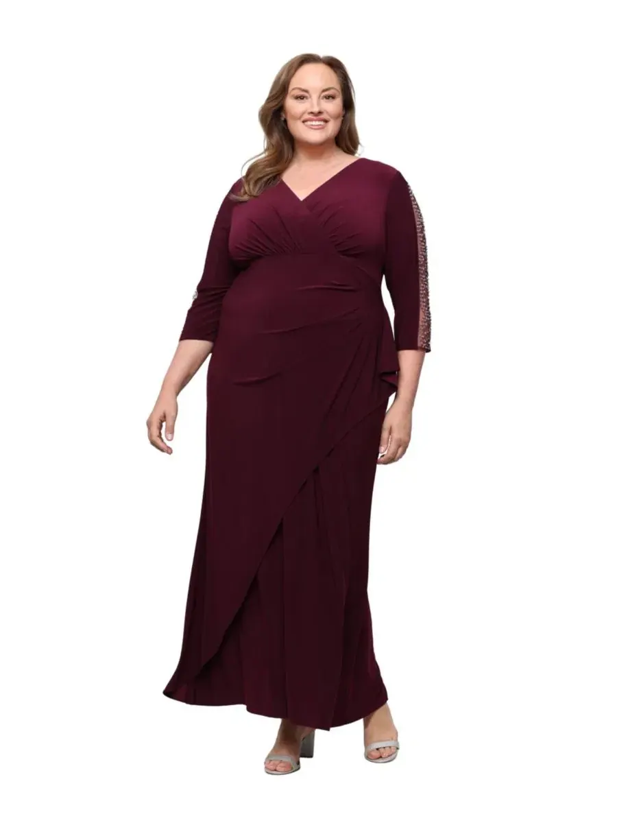 Вечернее платье с длинным рукавом и декором Plus Size V-Neck Long-Sleeve Embellished Gown SL