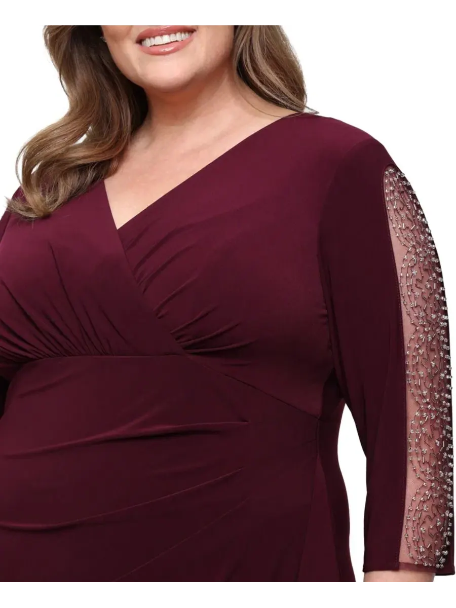 Вечернее платье с длинным рукавом и декором Plus Size V-Neck Long-Sleeve Embellished Gown SL — изображение 2 из 3, фиг