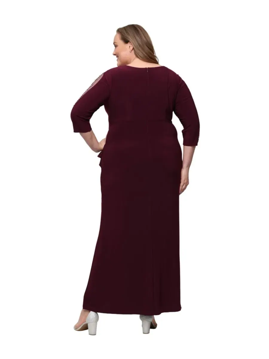 Вечернее платье с длинным рукавом и декором Plus Size V-Neck Long-Sleeve Embellished Gown SL — изображение 3 из 3, фиг