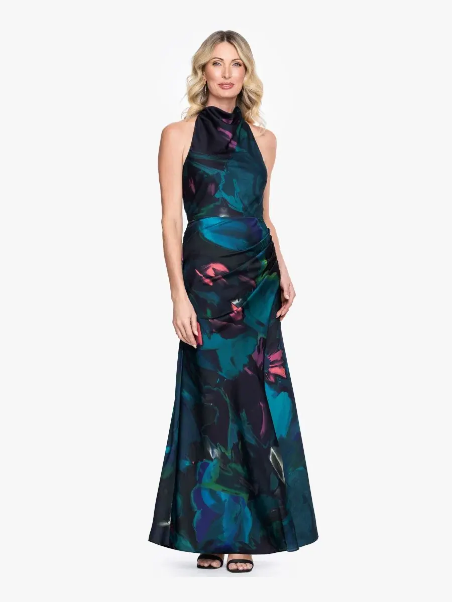 Вечернее платье с завязками на шее, без рукавов, Petite Sleeveless Halter Neck Gown Betsy & Adam