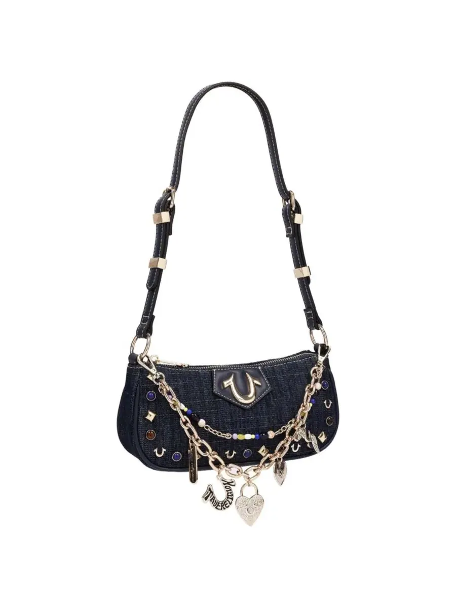 Сумка через плечо с цепями и стразами Chain and Studs Denim Shoulder Bag True Religion — изображение 2 из 7, темно-синий