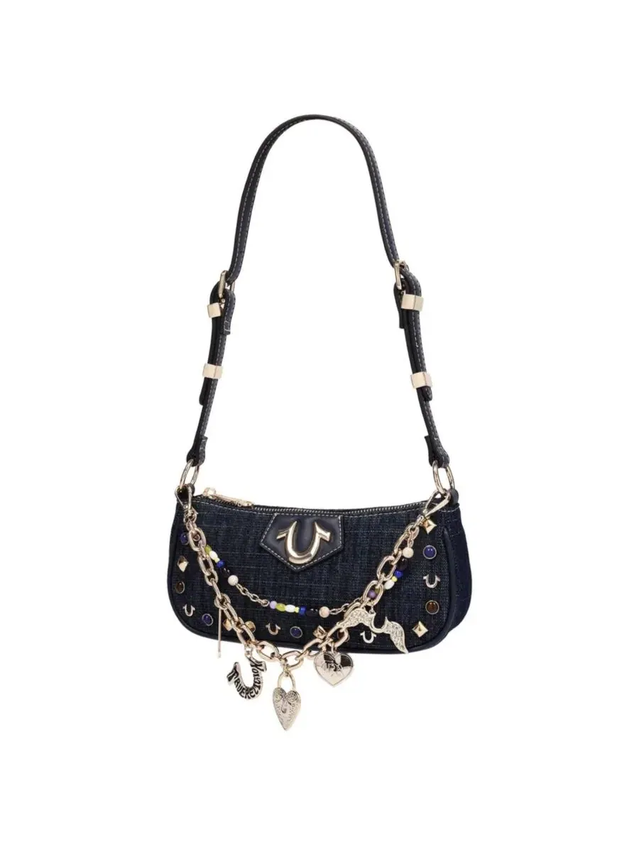 Сумка через плечо с цепями и стразами Chain and Studs Denim Shoulder Bag True Religion — изображение 3 из 7, темно-синий