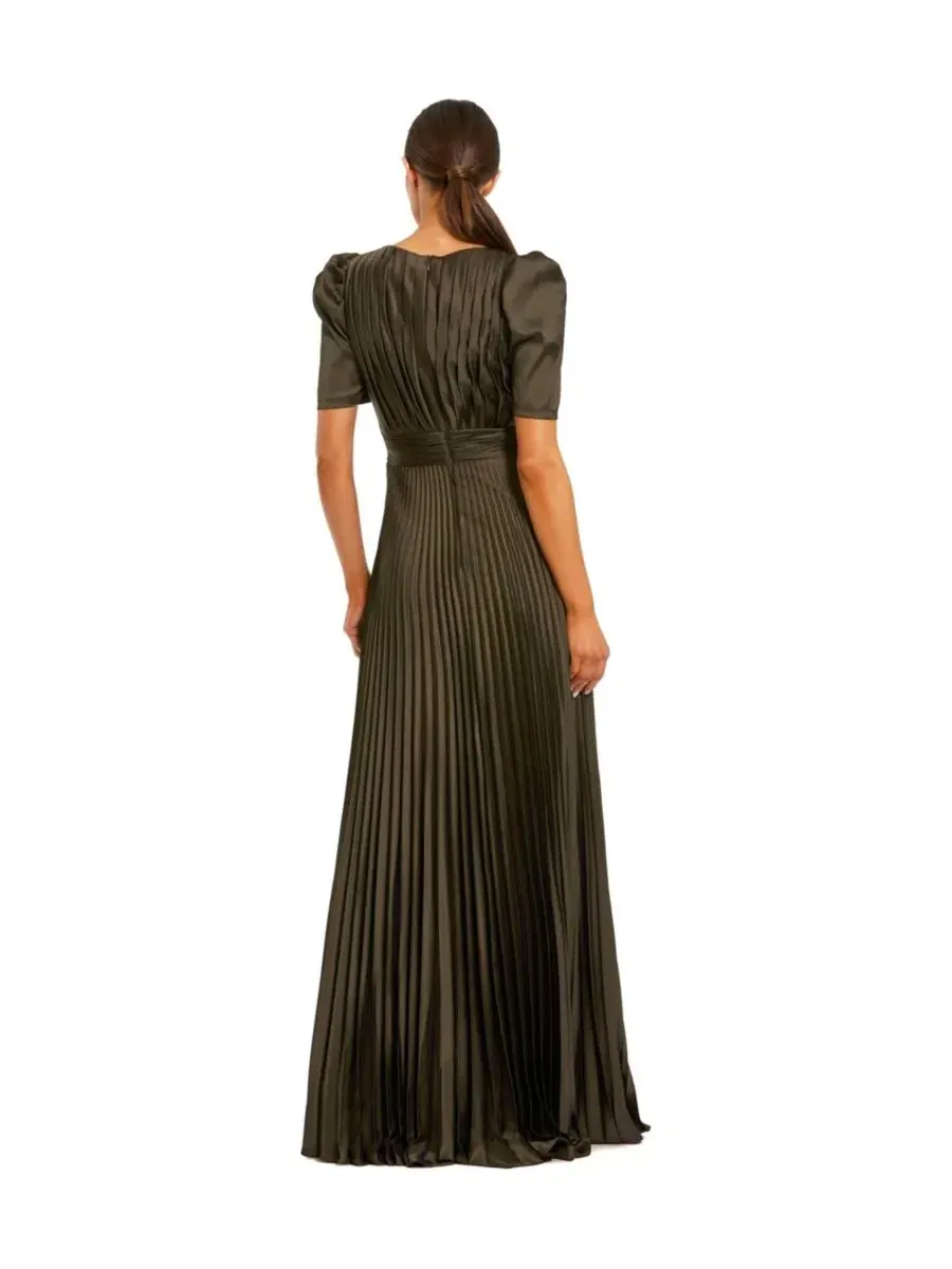 Вечернее платье с разрезом и ключицей, модель Charmeuse Keyhole Puff-Sleeve Evening Gown Mac Duggal — изображение 2 из 3