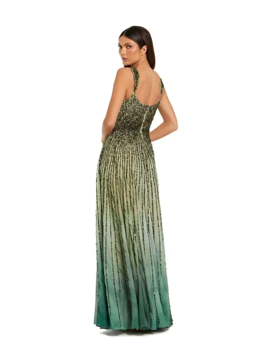 Вечернее платье с пайетками Ombre Beaded Scoop Neck A-Line Gown Mac Duggal — изображение 2 из 3, зеленый