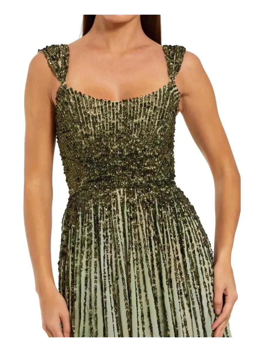 Вечернее платье с пайетками Ombre Beaded Scoop Neck A-Line Gown Mac Duggal — изображение 3 из 3, зеленый