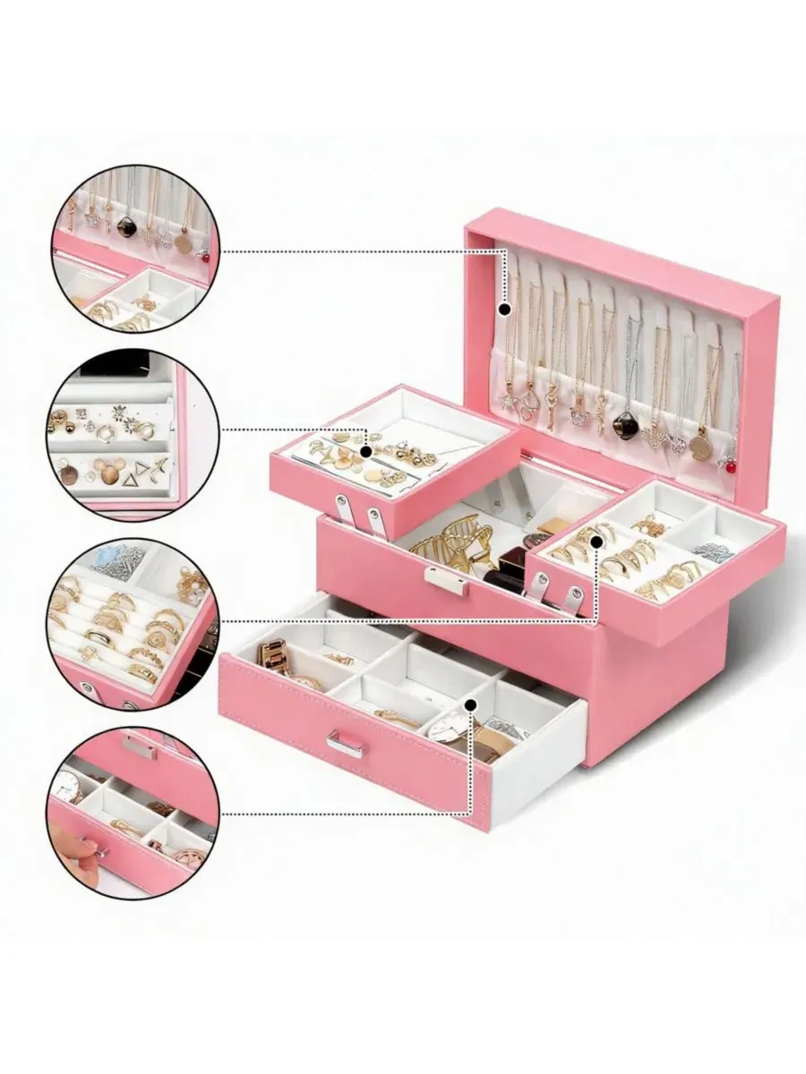 Трехслойная шкатулка-органайзер для ювелирных изделий для женщин - большая вместимость — изображение 2 из 5, розовый