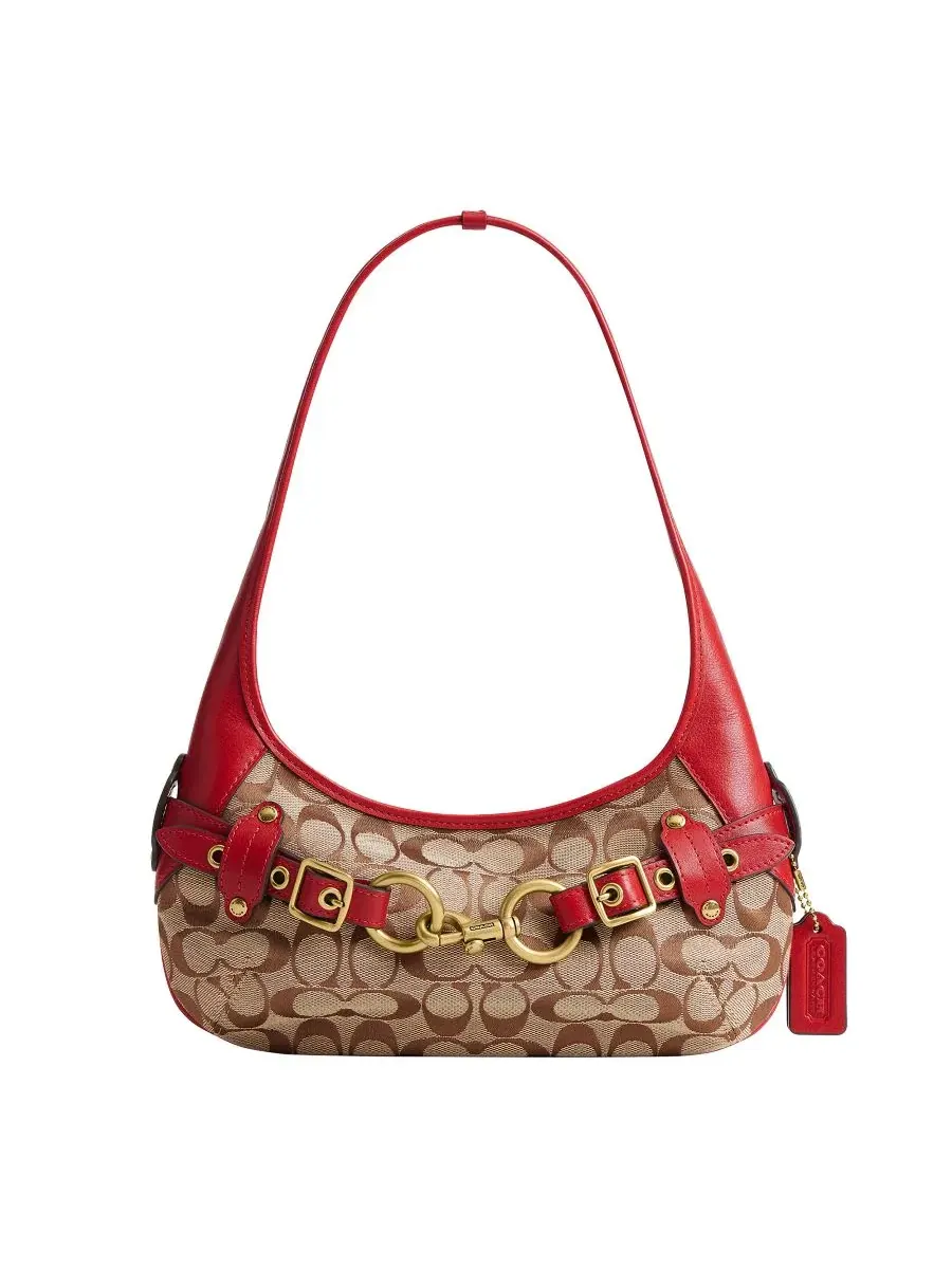 Плечевая сумка с ремнем Belted Ergo Small Signature Jacquard Shoulder Bag 26 COACH, Brass/Poppy