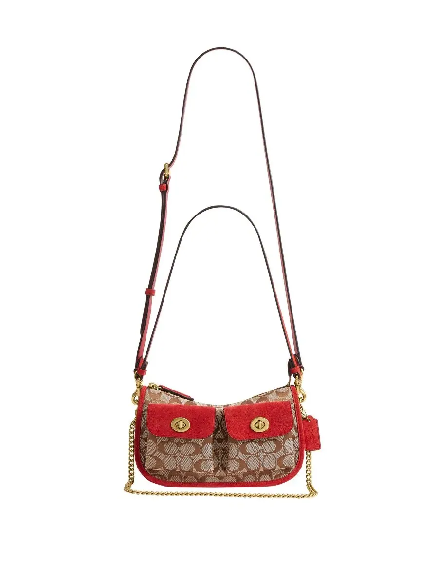 Сумка-шопер Waverly Small Signature Jacquard Twin Turnlock COACH, Brass Poppy Signature — изображение 5 из 12