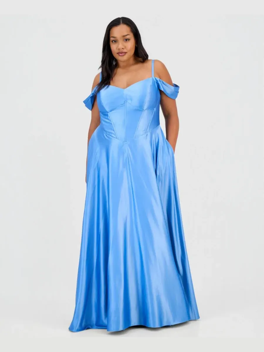 Вечернее платье из атласа с открытыми плечами B Darlin, DK Chambray