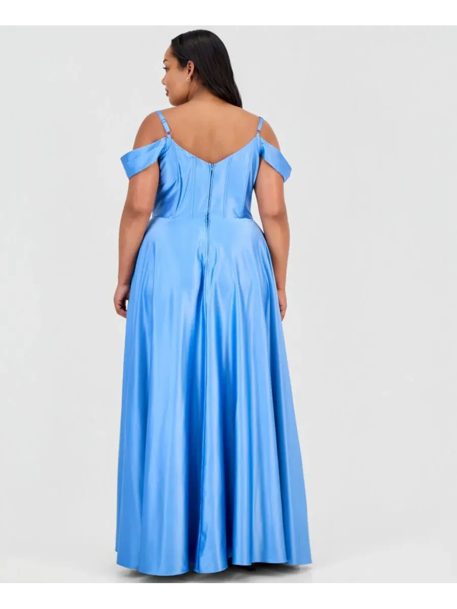 Вечернее платье из атласа с открытыми плечами B Darlin, DK Chambray — изображение 3 из 5