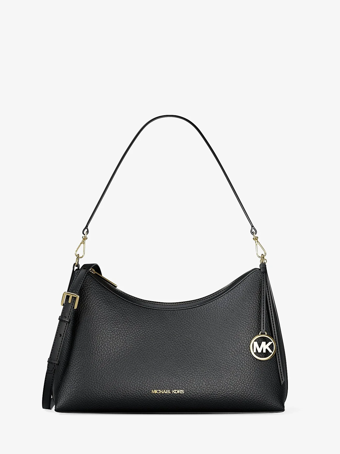 Чёрная кожаная сумка Michael Kors Sammy среднего размера с логотипом MK, вид спереди.