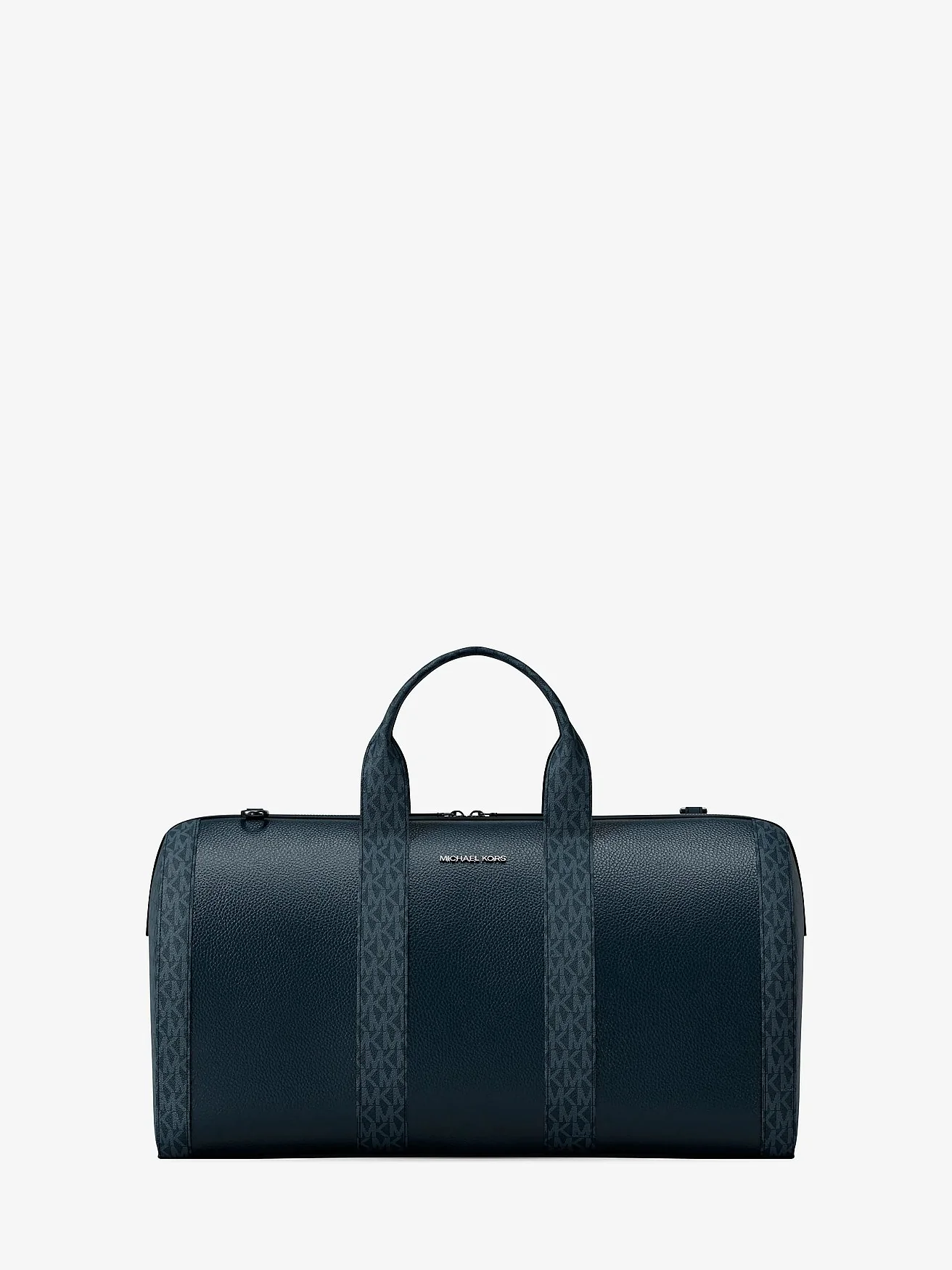 Синяя дорожная сумка Michael Kors Cooper с кожей и сигнатурным логотипом, вид спереди.
