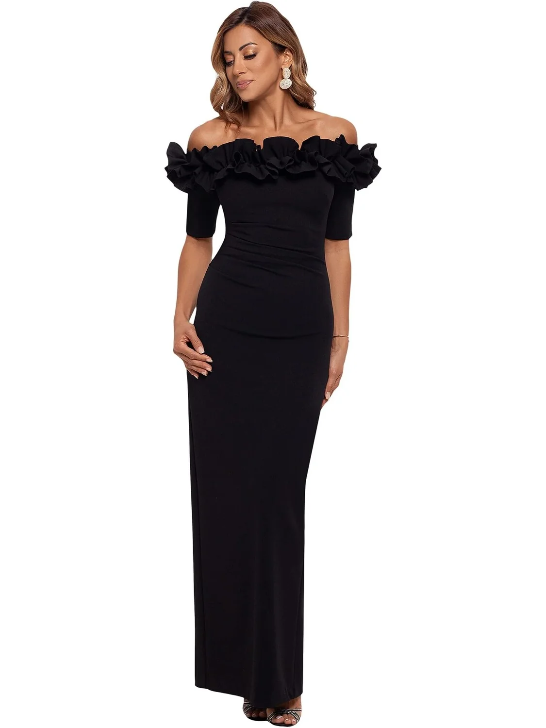 Платье Long Crepe Off The Shoulder Ruffle Short Sleeve XSCAPE — 1