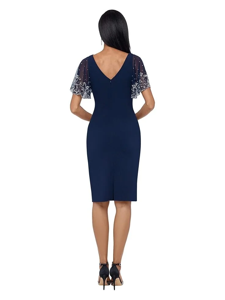 Платье Betsy & Adam Short Ruched Crepe w/ Beaded Flutter Sleeve — 3