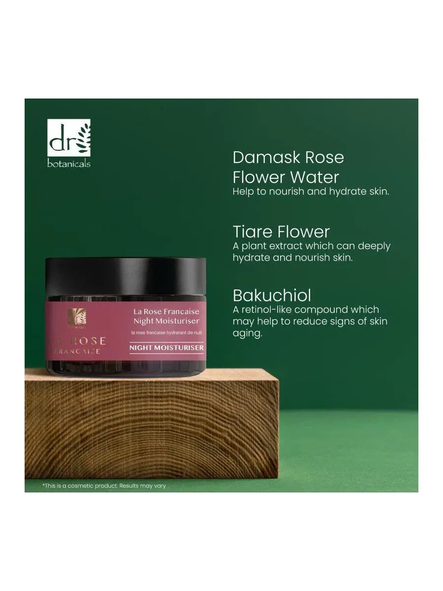 Ночной крем для лица La Rose Francaise, 50 мл, с бакучиолом и кокосовым маслом Dr. Botanicals — изображение 2 из 4