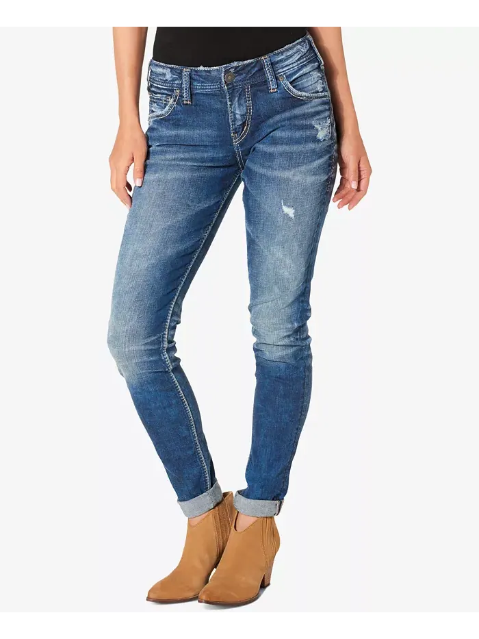Джинсы Girlfriend Mid Rise с потертостями Silver Jeans Co. — синий