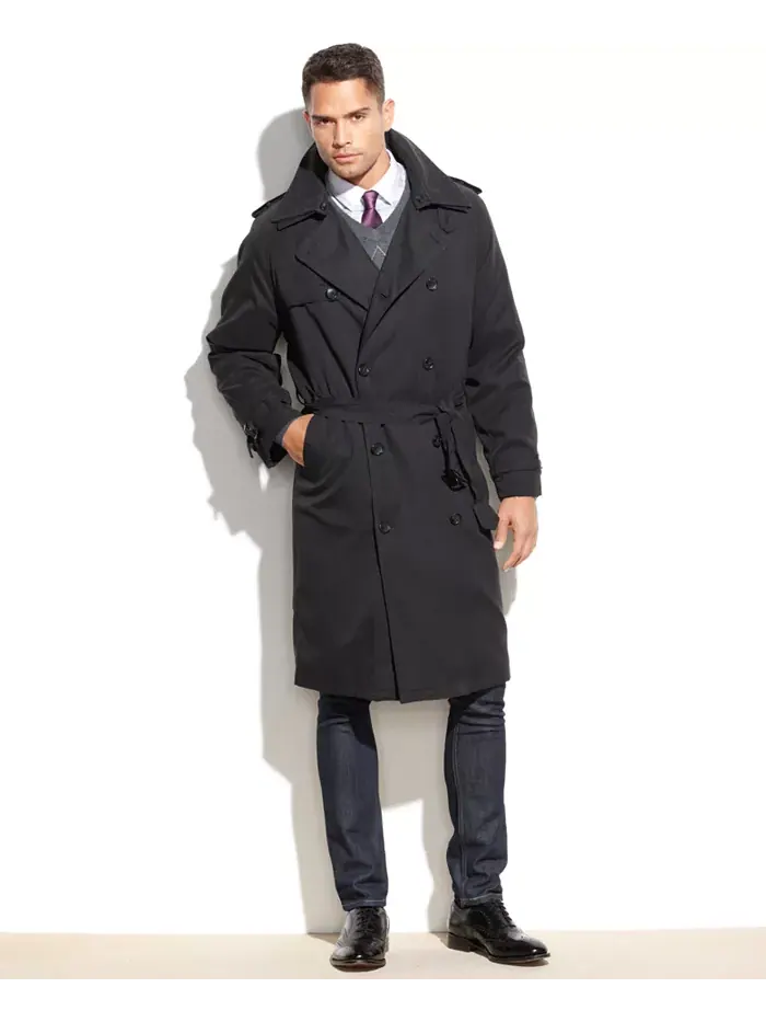 Мужской классический плащ с поясом Iconic Belted Trench Raincoat London Fog — черный