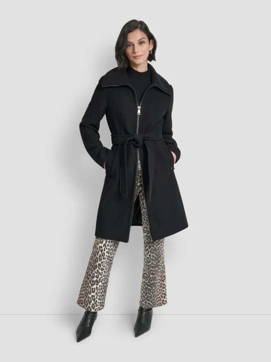 Женское пальто с воротником и поясом, размеры P/XS-XXL DKNY — изображение 4 из 8, черный
