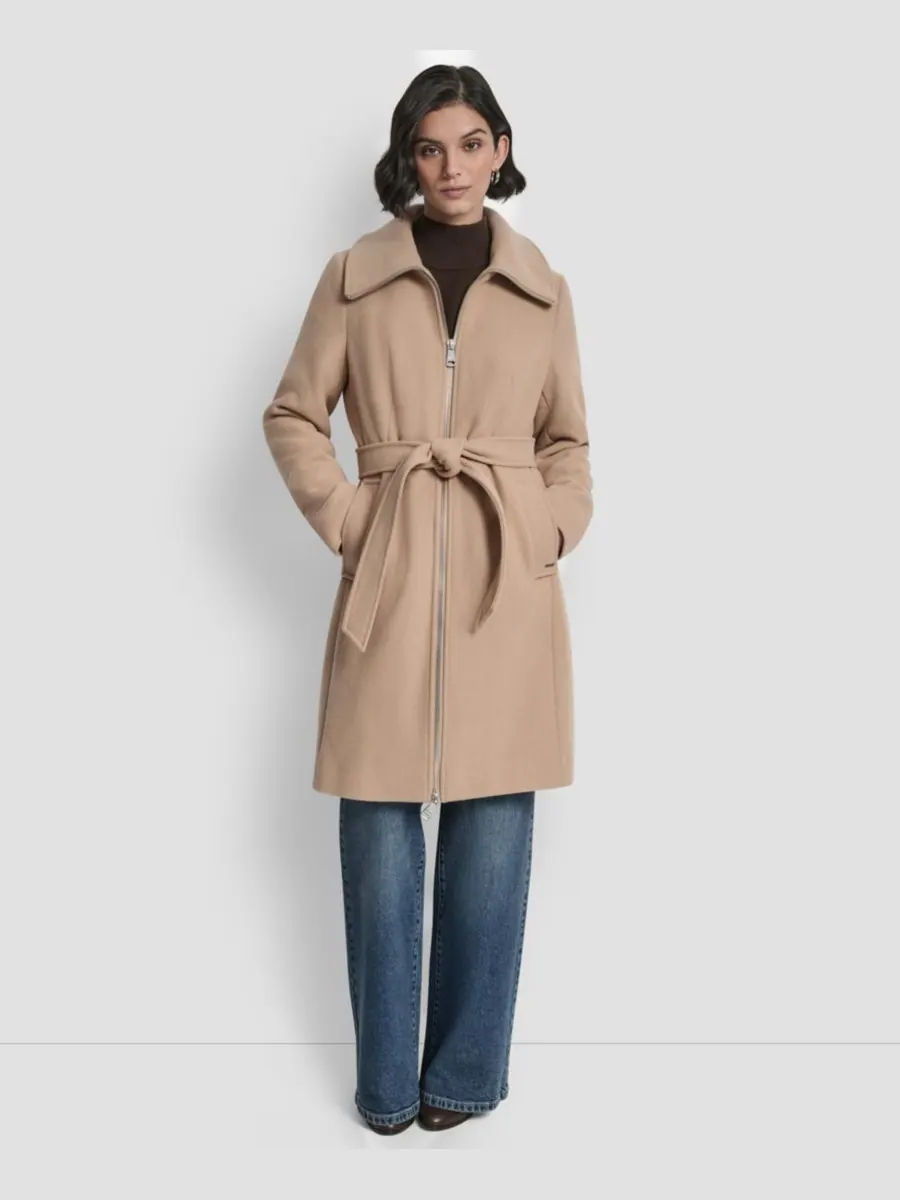 Женское пальто с воротником и поясом, размеры P/XS-XXL DKNY — изображение 3 из 7, коричневый