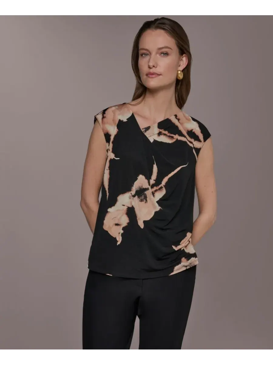 Женская блузка с асимметричным вырезом и принтом Donna Karan New York — мульти