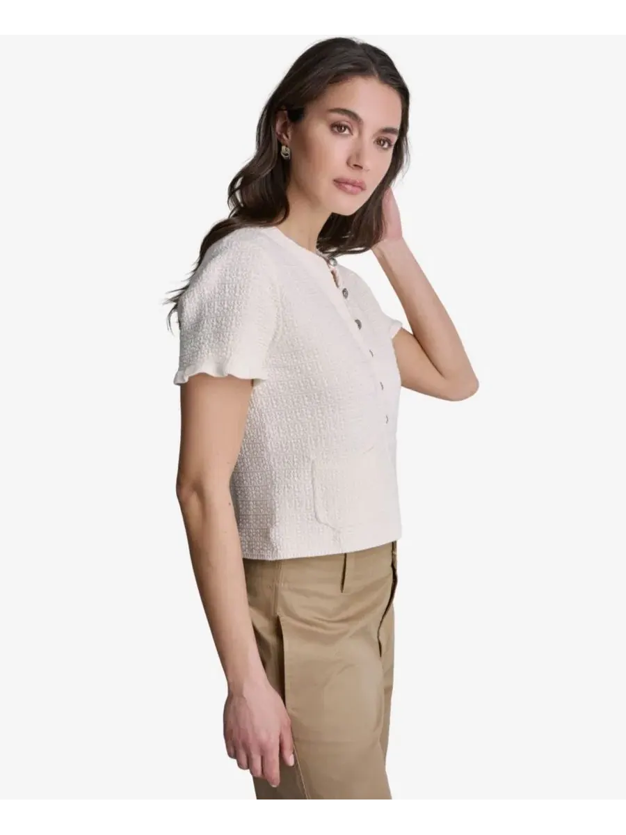 Женский твидовый укороченный кардиган с короткими рукавами BCBG — изображение 3 из 5, белый