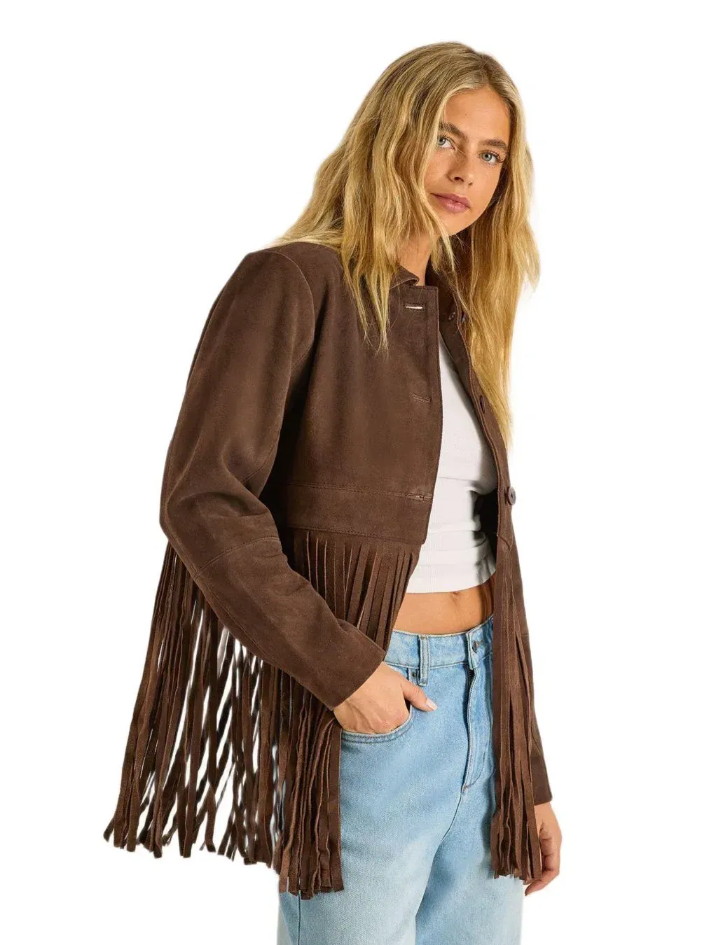 Женская куртка из натуральной замши с бахромой Nasty Gal — изображение 3 из 8, шоколад