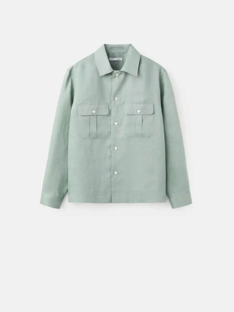 Рубашка-оверширт из льна с длинным рукавом Regular Fit MANGO — изображение 6 из 6, зеленый