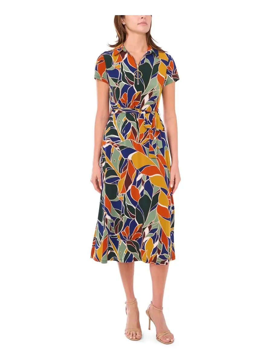 Платье миди с воротником и поясом Petite Short-Sleeve Collared Belted Midi Dress MSK — синий
