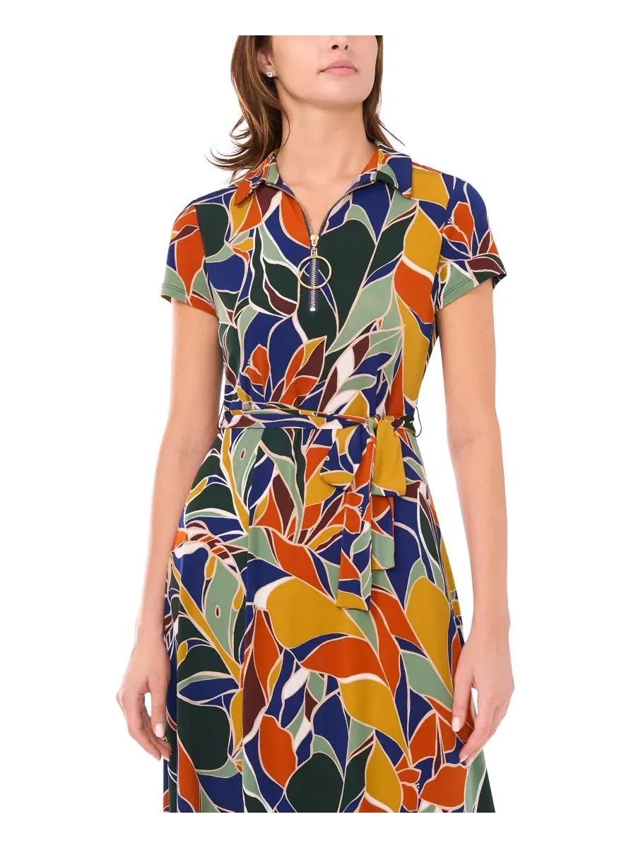 Платье миди с воротником и поясом Petite Short-Sleeve Collared Belted Midi Dress MSK — изображение 4 из 4, синий
