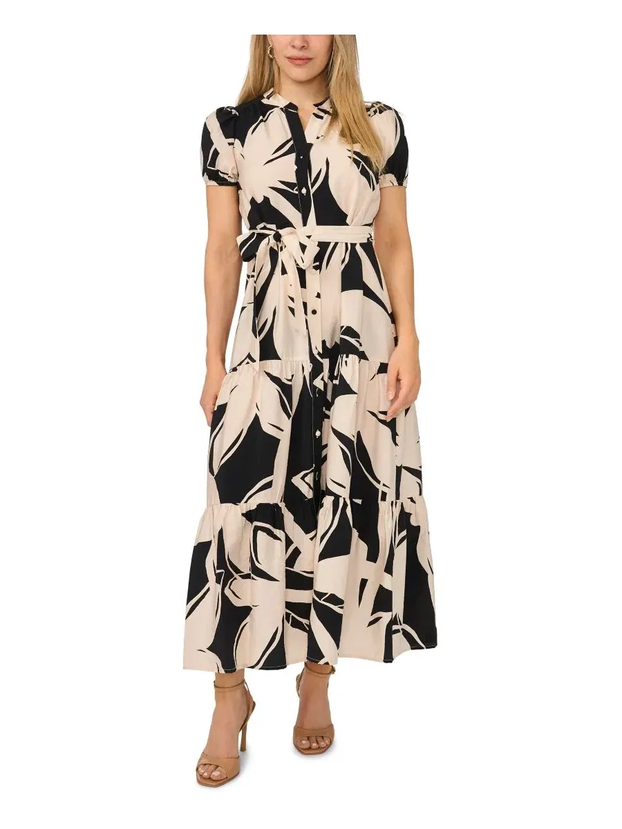Платье-макси с разрезом, поясом и ярусным кроем, Petite Split Neck Belted Tiered Maxi Dress MSK — мульти