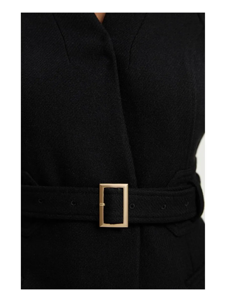 Женское шерстяное длинное пальто с вырезом на шее и поясом Karen Millen — изображение 5 из 6, черный