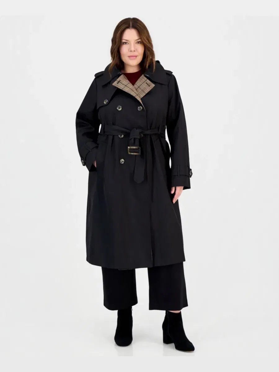 Плащ с поясом и съемным капюшоном, модель Plus Size Plaid Collar Belted Trench Coat London Fog
