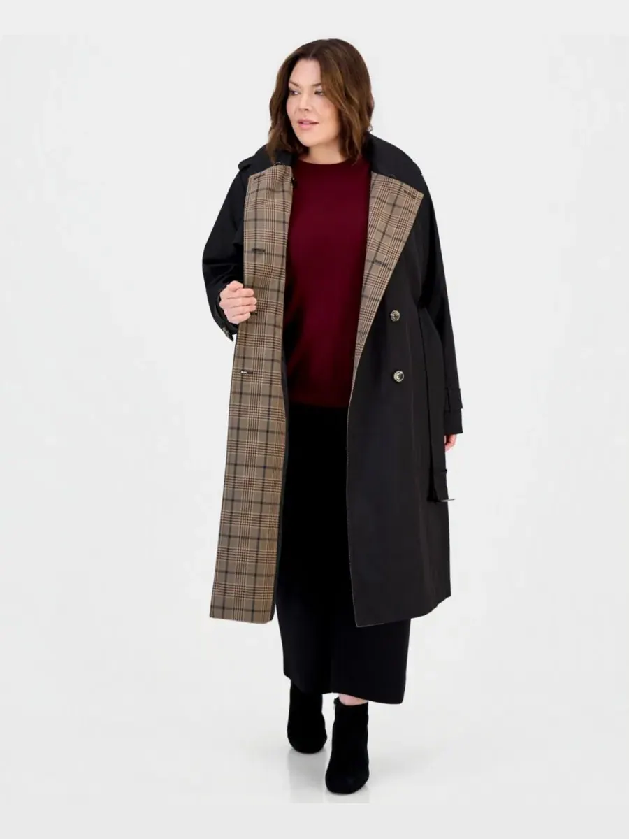 Плащ с поясом и съемным капюшоном, модель Plus Size Plaid Collar Belted Trench Coat London Fog — изображение 2 из 3, черный