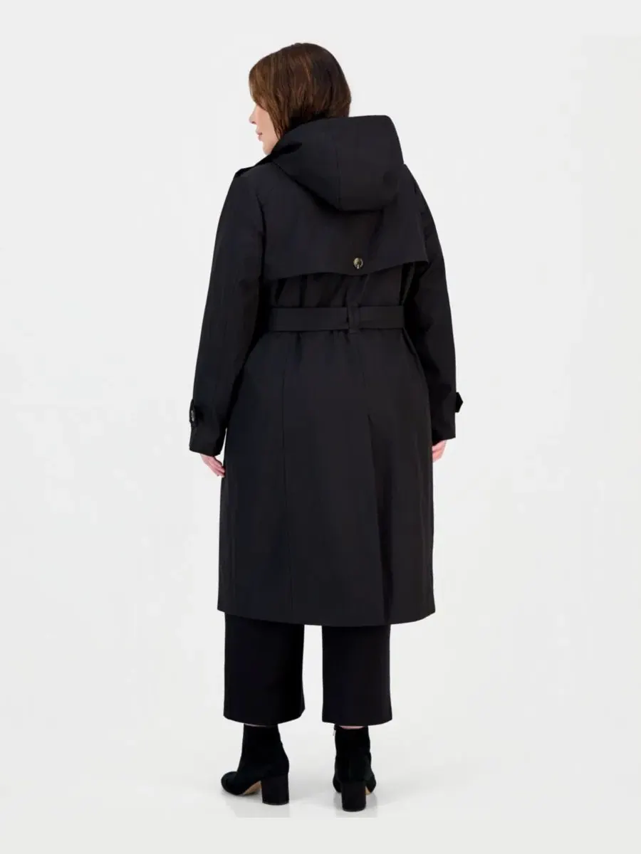 Плащ с поясом и съемным капюшоном, модель Plus Size Plaid Collar Belted Trench Coat London Fog — изображение 3 из 3, черный