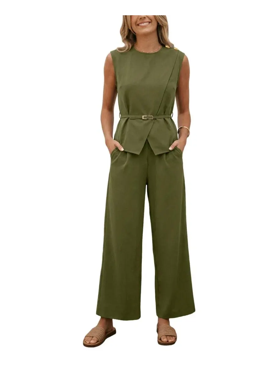 Комплект из топа и широких брюк с поясом, без подкладки, модель Elegant Crew Neck Belted Top and — зеленый